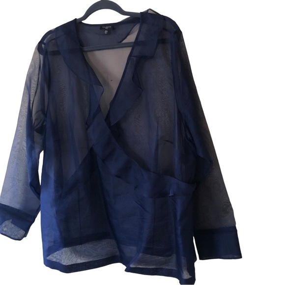 Talbots Long Sleeve Ruffle V-Neck Sheer Crepe Wrap Blouse Women's Plus 22W Blue - Picture 3 of 8